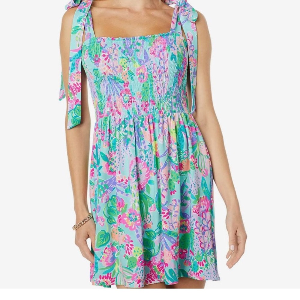 Lilly Pulitzer Romper Dress Floral, Bow Tie Straps, built in shorts bright color